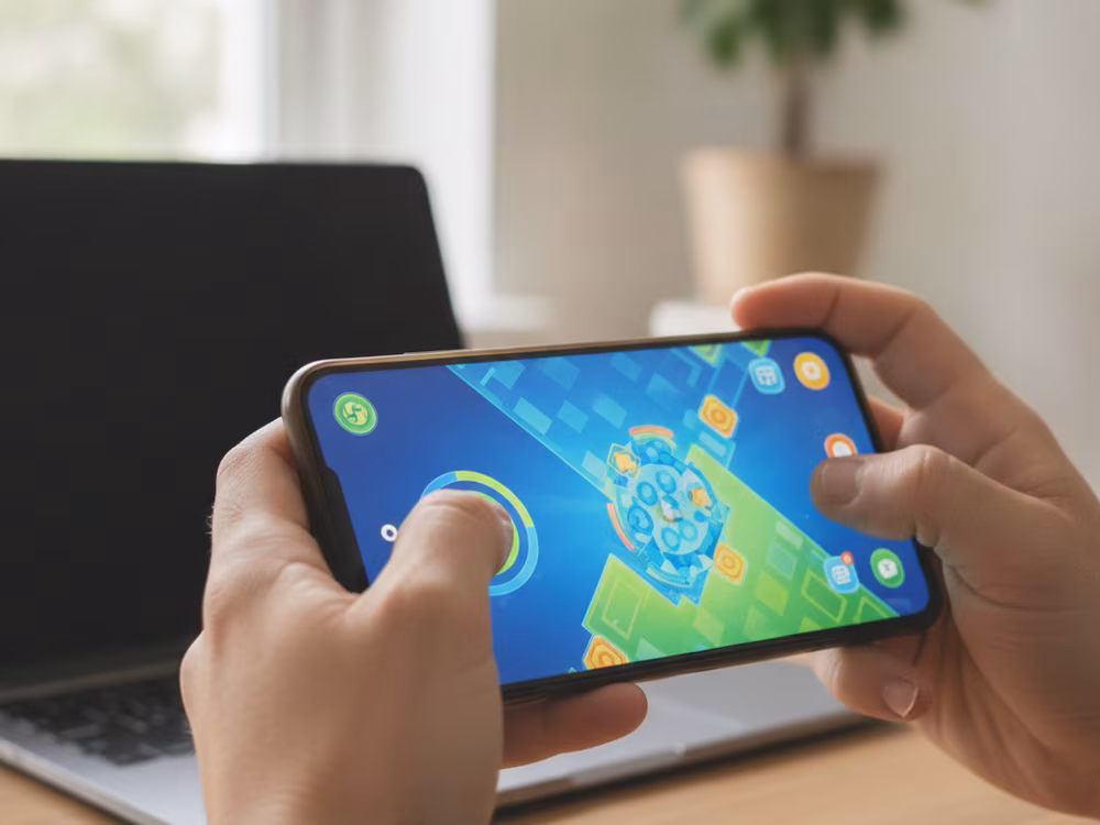 Hands holding a phone running a browser game with a laptop behind