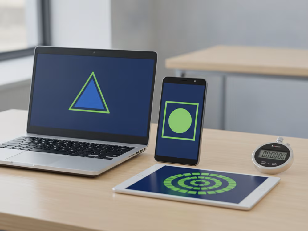 Three test devices lined up on a desk beside a stopwatch